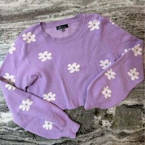 Blue Blush Lavender Floral Crewneck Sweater with White Flowers